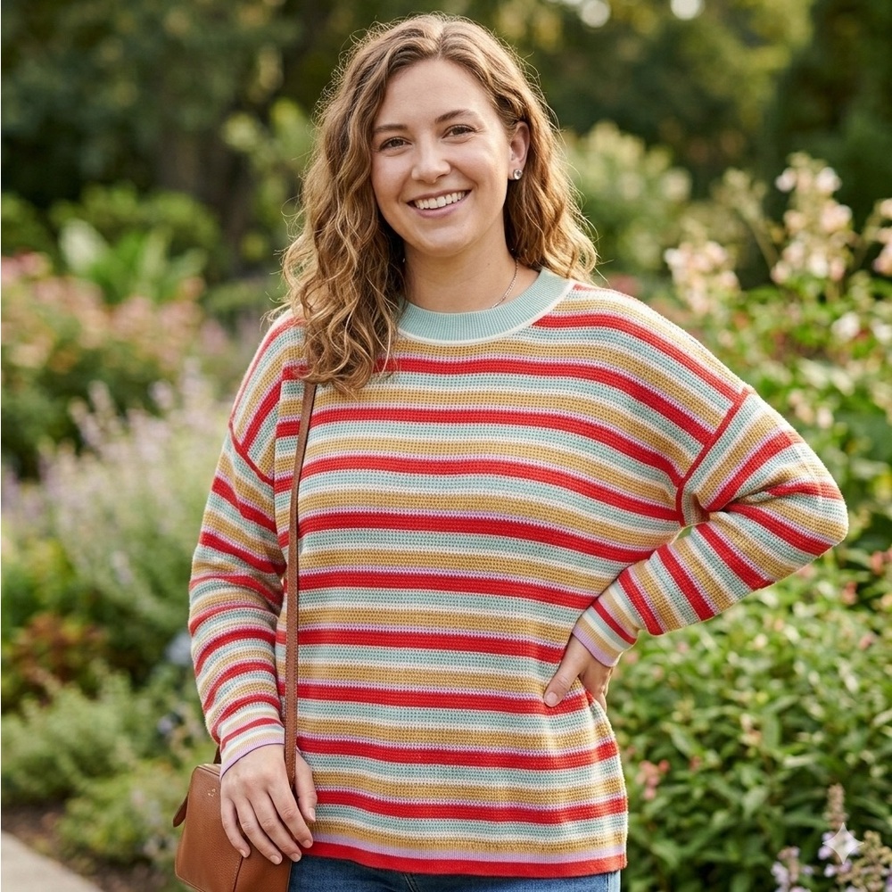 NWOT Cotton Dropped Shoulder Sweater, Colorful Horizontal Stripes Fall Vibes